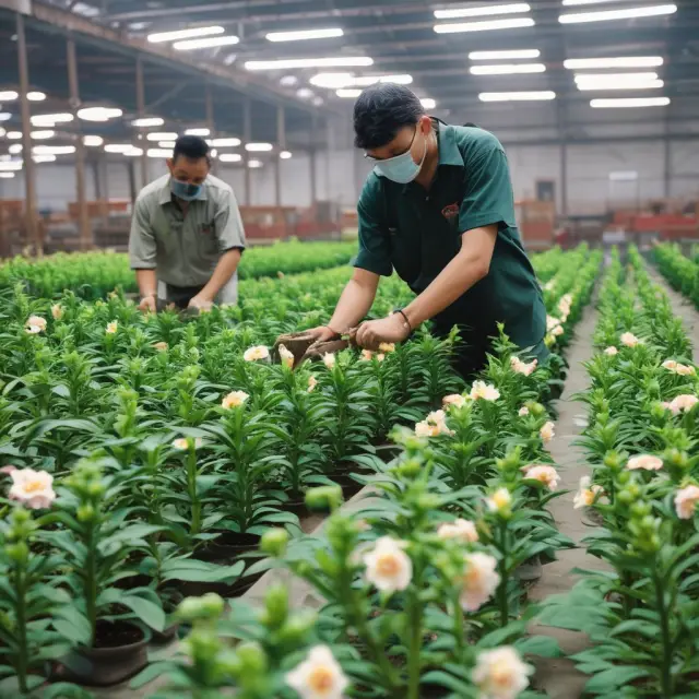 A bustling factory producing goods in-house, symbolizing cost savings, improved control, and growth
