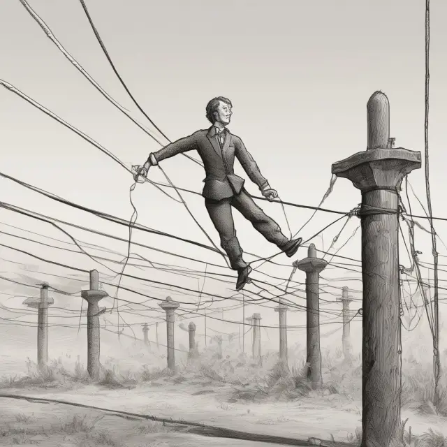 A person balancing on a tightrope, juggling three balls labeled 