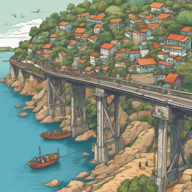 An image of a sturdy, metaphorical bridge connecting various middle-income countries to a prosperous land, with the IBRD depicted as an attentive guide providing loans and assistance.