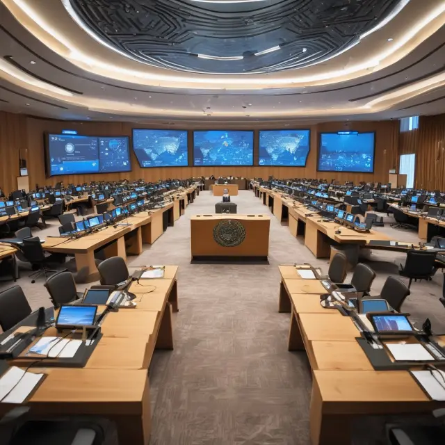 An ICC ship navigating through turbulent waters, symbolizing challenges in international trade. Collaborating UN and WTO symbols on board represent collaboration and policy shaping.