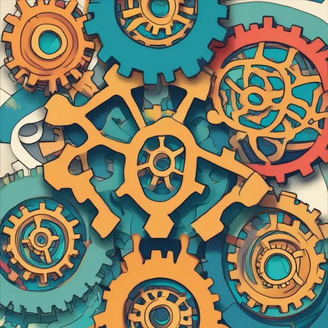 Five interconnected gears representing International Finance concepts - Mundell-Fleming Model, Fisher Effect, OCAP, PPP, IRP.