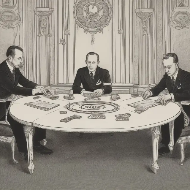 A golden table adorned with two interconnected hands symbolizing the Bretton Woods institutions that shaped international finance