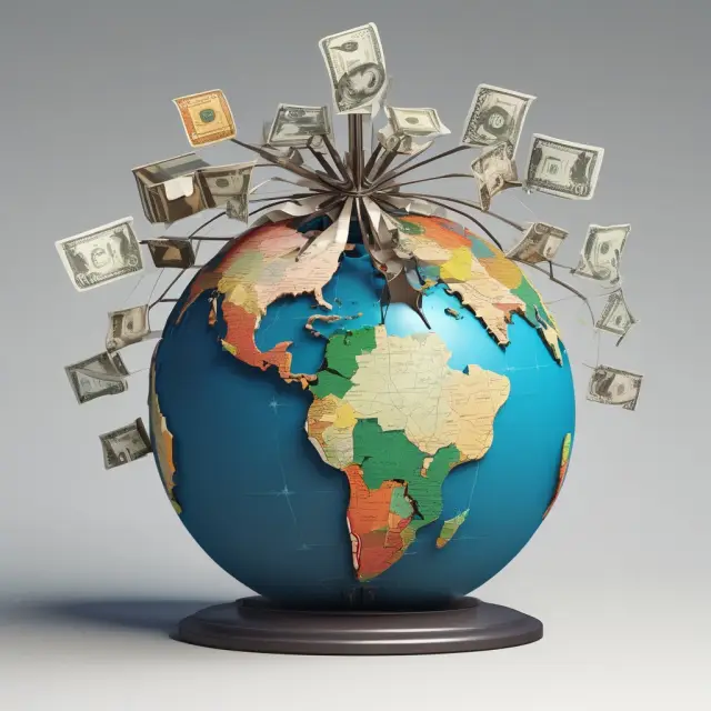 A globe depicts international trade with countries exchanging goods; U.S. dollar and foreign currencies balance for financial equilibrium