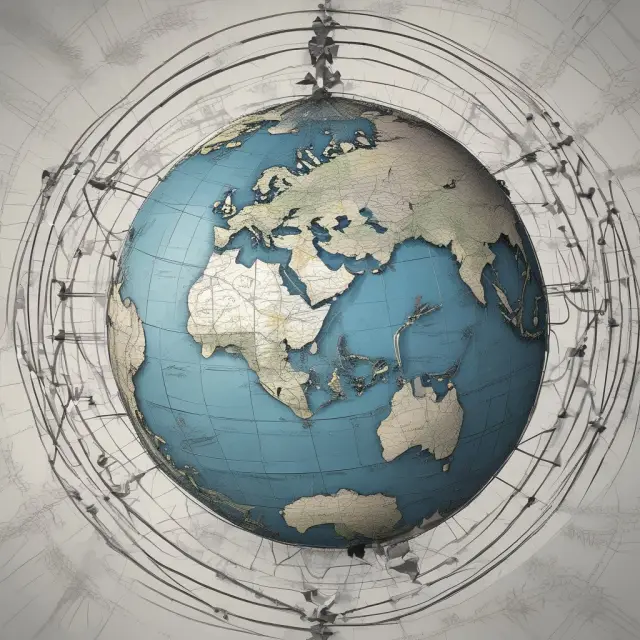 A globe with arrows connecting countries, illustrating the flow of capital and commodities between nations.