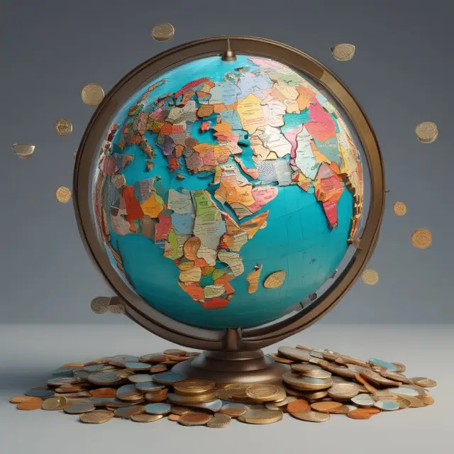 A globe decorated with diverse investment coins symbolizing international diversification strategy