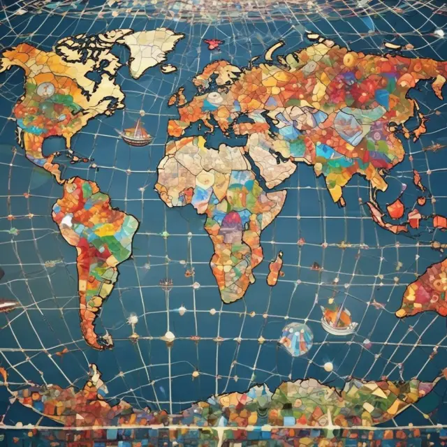 A globe mosaic featuring various interconnected continents, representing the benefits of international investments for diversification and risk reduction.