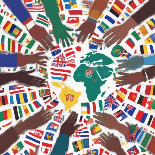 A diverse hand weaves a tapestry of international government debt securities represented by the flags of different countries