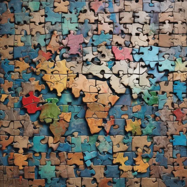 A diverse set of puzzle pieces creating a global mosaic, symbolizing various international equity markets from both developed and emerging economies.