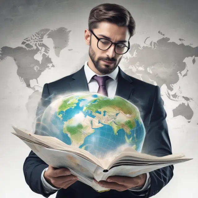 An investor examines a globe while poring over financial data and regulatory documentation for international investment opportunities