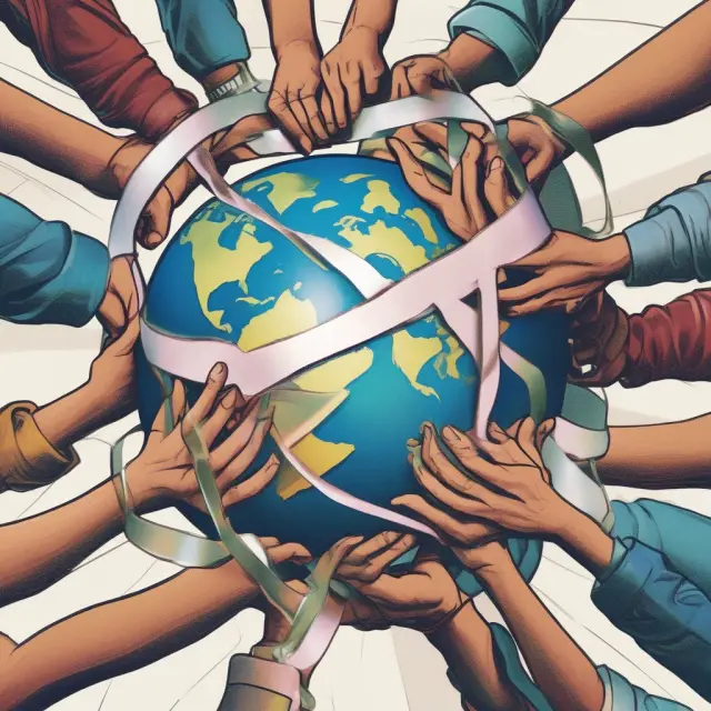 A globe adorned with intertwined ribbons representing International Labour Organization fundamental and governance conventions, flowing towards workers