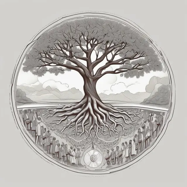An ancient ILO tree with strong roots representing its rich history and new branches symbolizing innovative approaches to contemporary labor issues
