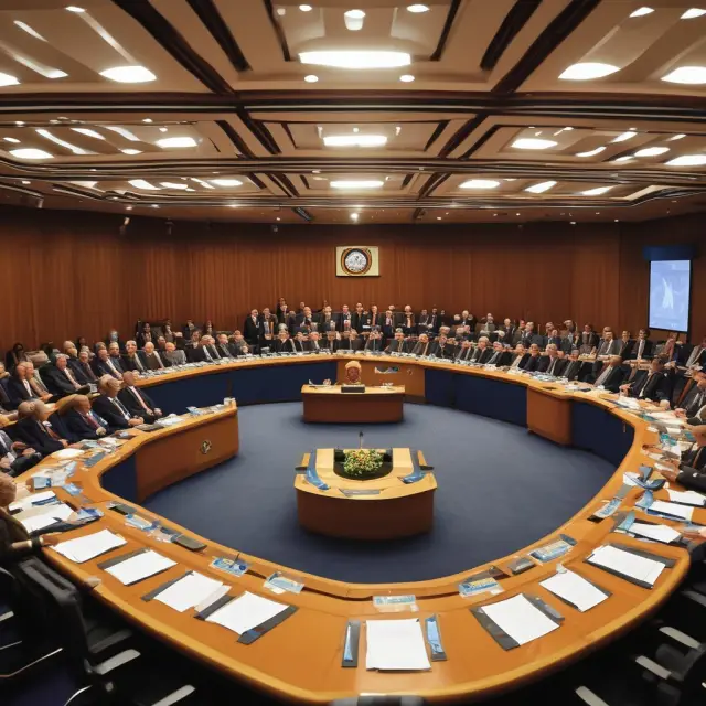 A council sailing a ship, representing the IMO, navigates through calmer waters of governance committees while anchored to a strong funding stream