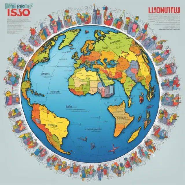 An intricately designed melting pot symbolizing the formation of ISO, filled with diverse representations of national flags and standard symbols