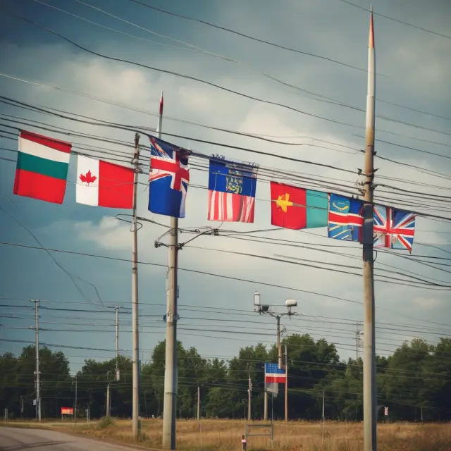An image of a voltage transformer with various country flags along the power lines, representing international electrical adaptation