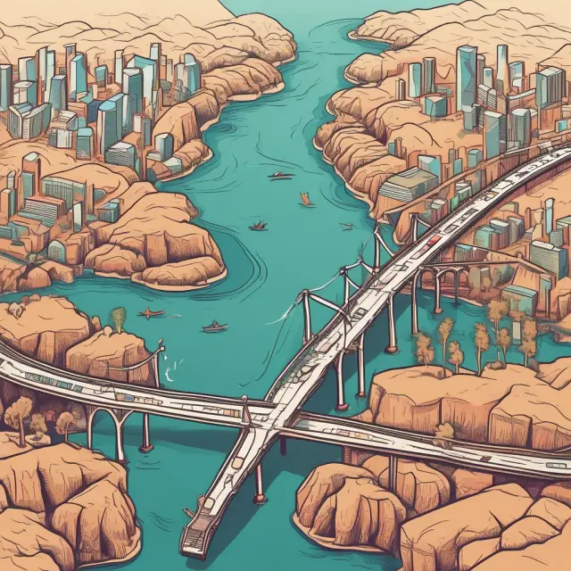 Bridge crossing various lands, illustrating business growth through market expansion.