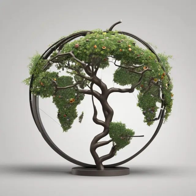 An apple tree with interconnected branches, each blossoming into a country flag, symbolizing Apple
