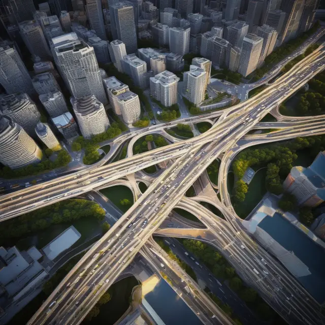 An intricate cityscape woven from IoT sensors, highlighting traffic optimization, intelligent waste bins, and energy efficiency