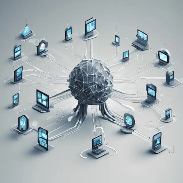 An image showcasing interconnected IoT devices forming a web, with the Internet Protocol (IP) symbolically depicted as a central network.