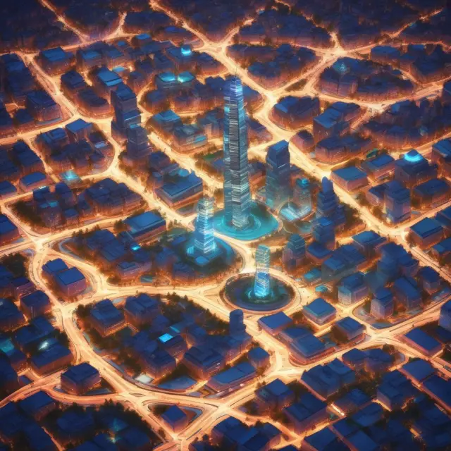 Image of a modern cityscape with sensors and connected devices symbolizing IoT integration, illustrating urban planning advancements