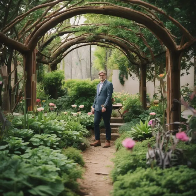 An empathetic financial advisor nurtures relationships with clients in a beautiful garden filled with blooming connections and understanding.