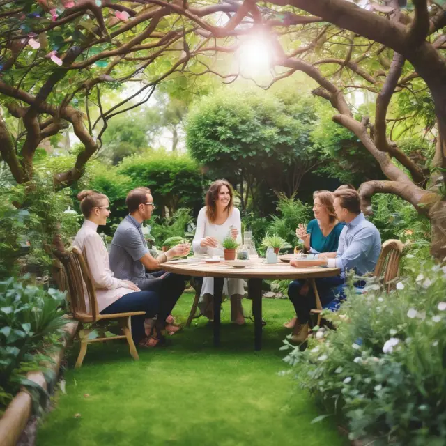 A lush, blooming garden filled with diverse plants representing professionals, interconnected by tendrils symbolizing collaboration and growth.