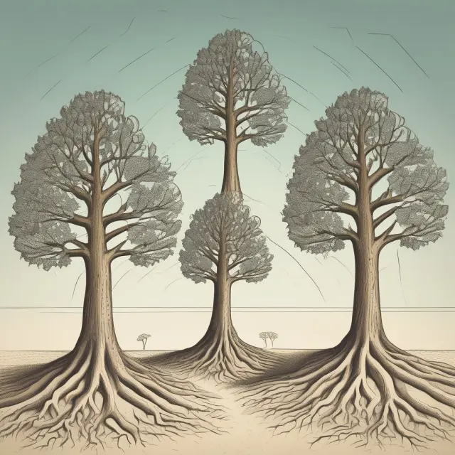 An artistic representation of three interconnected trees symbolizing Par Yield Curves, Zero-Coupon Yield Curves, and Interpolated Yield Curves growing from a single economic root