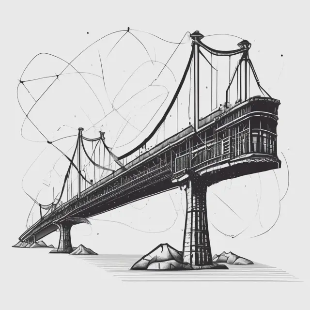 An image showing a bridge linking known financial data points while a telescope extends beyond the observed range, symbolizing interpolation and extrapolation in finance