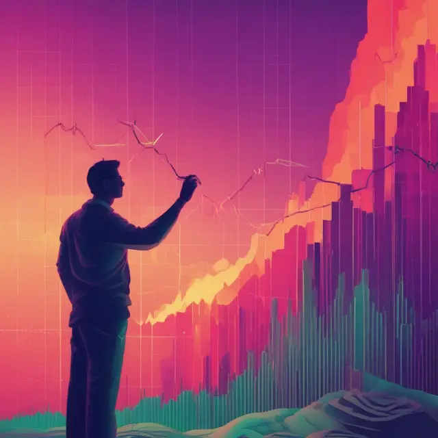 Artist blending blue and red to symbolize linear interpolation for estimating missing stock prices