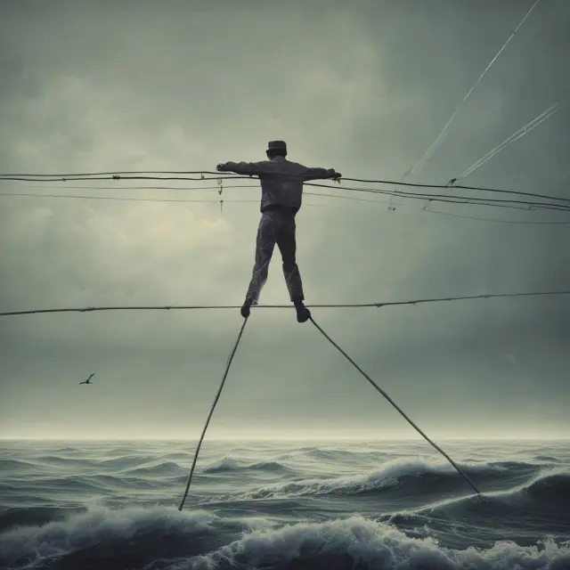 A tightrope walker balancing on a rope amidst stormy financial waves, symbolizing interpolation