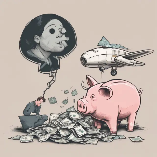 Person struggling with a piggy bank and a jet, representing present bias