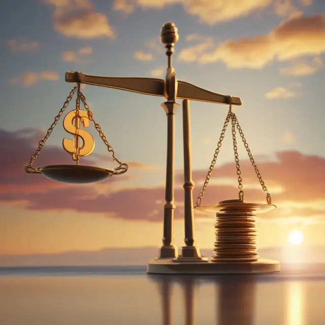 Golden dollar representing present expenditure on one side, while the other side holds the future retirement sunset symbolizing long-term financial planning