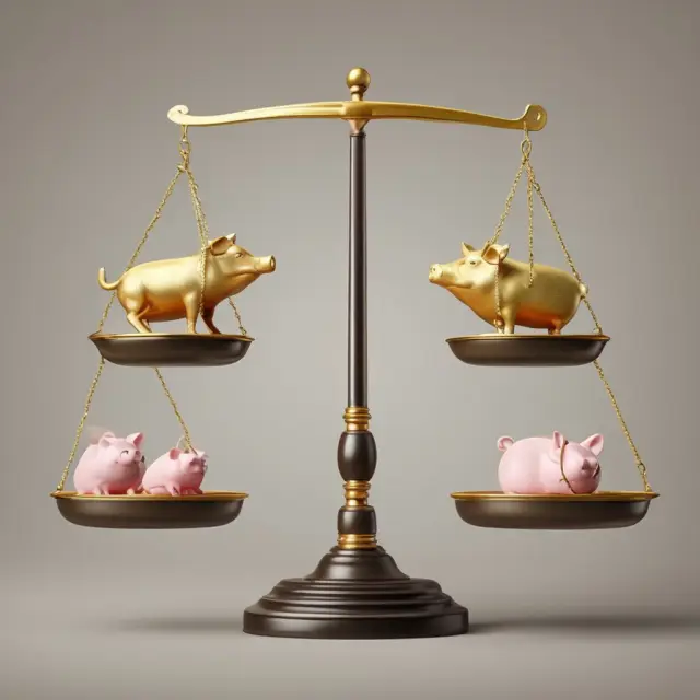 Balance scale representing employment decisions, with careers on one pan and golden pigs in retirement nest on the other. Employees weigh present choices against future financial security.