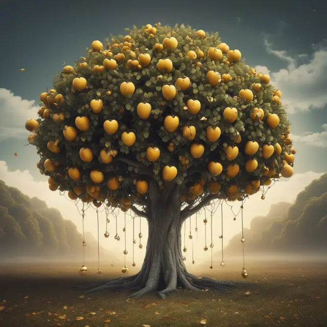 Golden apple tree in a protective cloak, representing asset protection and avoiding probate with an inter-vivos trust.