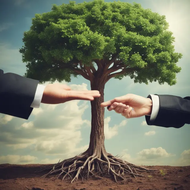 Lawyer and advisor help transfer assets to an inter-vivos trust, symbolized by planting a tree representing growth and stability
