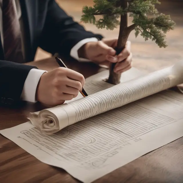 Lawyer creating an ironclad inter-vivos trust contract, nurturing a sturdy tree symbolizing effective estate planning