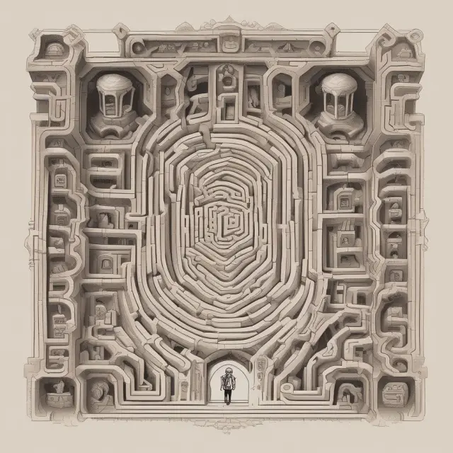 An intricate maze represents intestate probate, with assets at its heart and heirs navigating the winding corridors. Guarded by a gavel and briefcase.