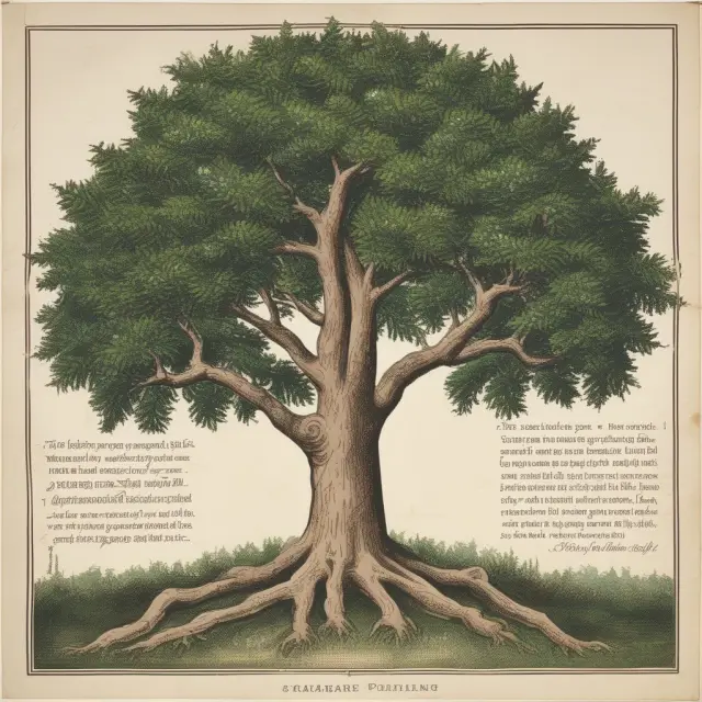 An evergreen tree symbolizing a testamentary will, distributing wealth after death, and a protective shield representing a living will, safeguarding healthcare decisions