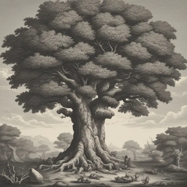 Image of a strong tree yielding various assets that endure over time, with guardians holding children beneath it