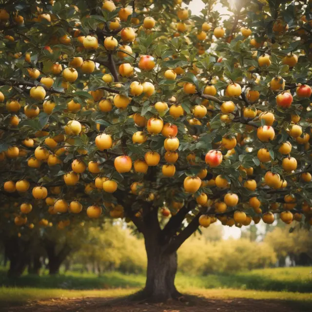 A golden apple tree symbolizing ITM options with ripe fruits illustrating intrinsic value and green foliage representing extrinsic value based on time and market volatility.