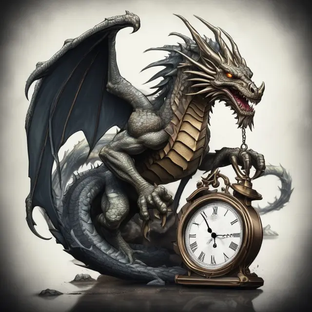 Dragon representing volatility breathes into a scale, with time decay hourglass under it, depicting how both factors impact option premiums