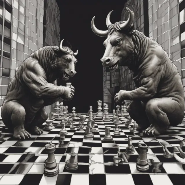 Two animals representing bull and bear playing a game of chess on an intraday candlestick chart, with the Intraday Momentum Index (IMI) as the decisive factor