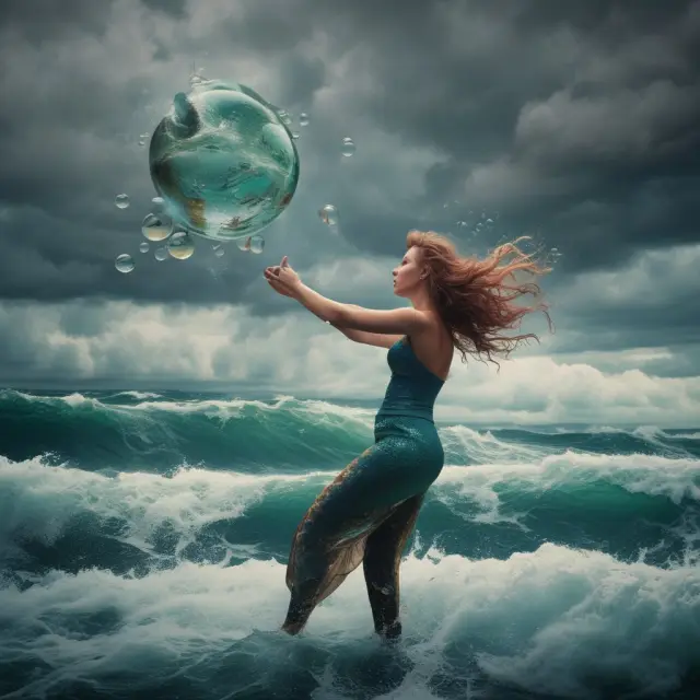 Mermaid juggling intraday momentum index bubbles amidst stormy market waves, symbolizing the complexity and challenges in utilizing Intraday Momentum Index