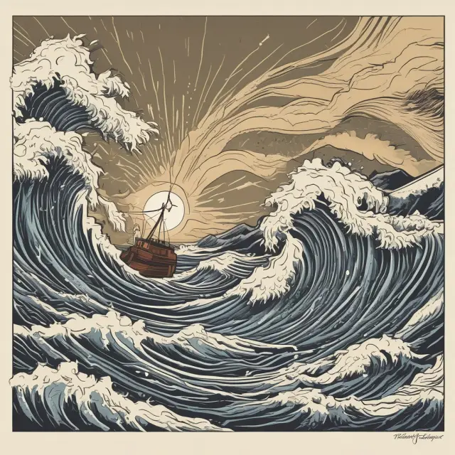 Day trader overcoming waves symbolizing scalping, finding support and resistance peaks for range trading, and reacting to a news lightning bolt
