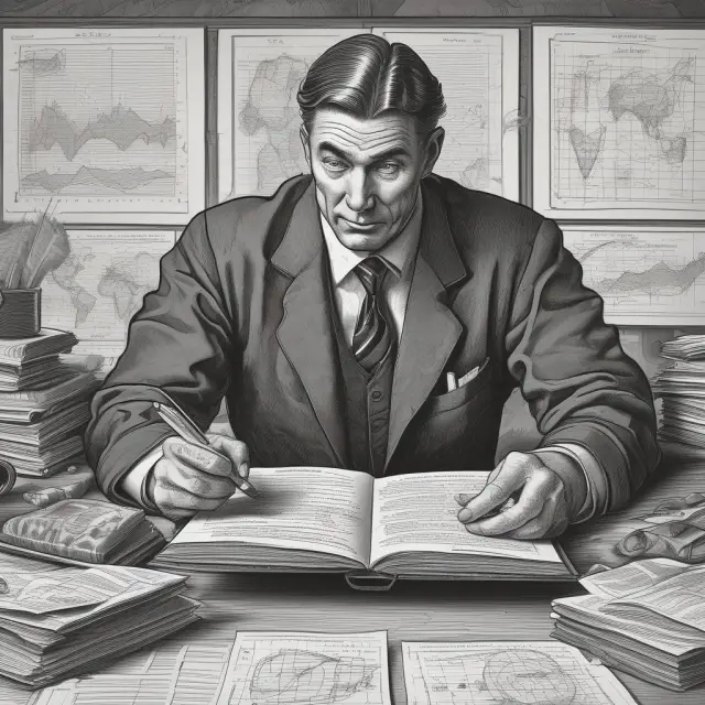 A trader at a cluttered desk, analyzing charts, reading strategy books, and staying informed to succeed in intraday trading.