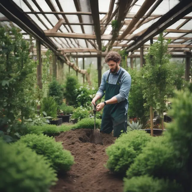 An intrapreneur, represented by a gardener, tending to a lush garden of ideas in an office setting, fostering innovation for their organization