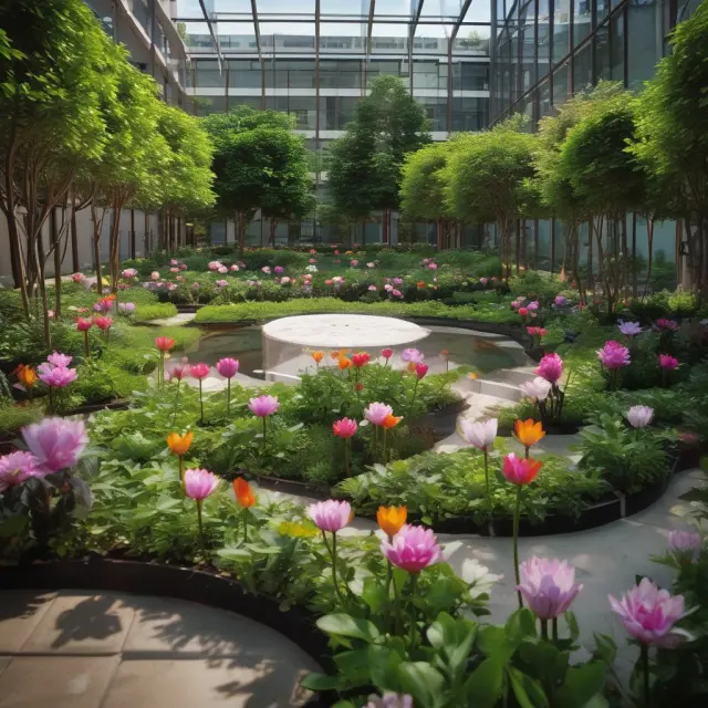 A lush garden with intrapreneurs represented as blooming flowers, fostering company growth and innovation.