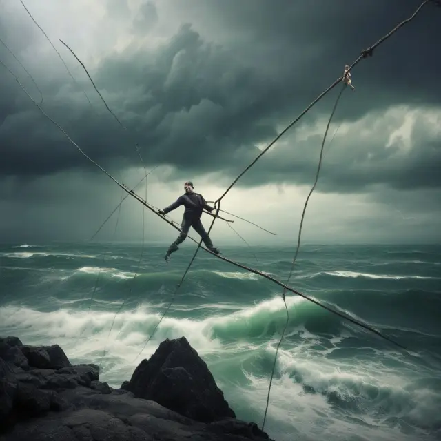 An intrapreneur gracefully walking on a tightrope amidst the stormy waters of an organization, juggling their regular job and intrapreneurial project.