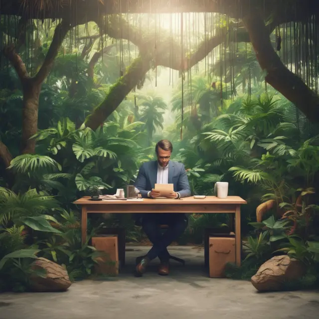 An entrepreneur wearing a hard hat and carrying a backpack navigates through a lush corporate jungle filled with colleagues, symbols of opportunity, and resources