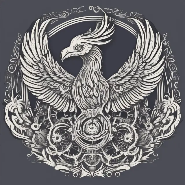 Phoenix rising amidst interconnected gears, symbolizing intrapreneurship