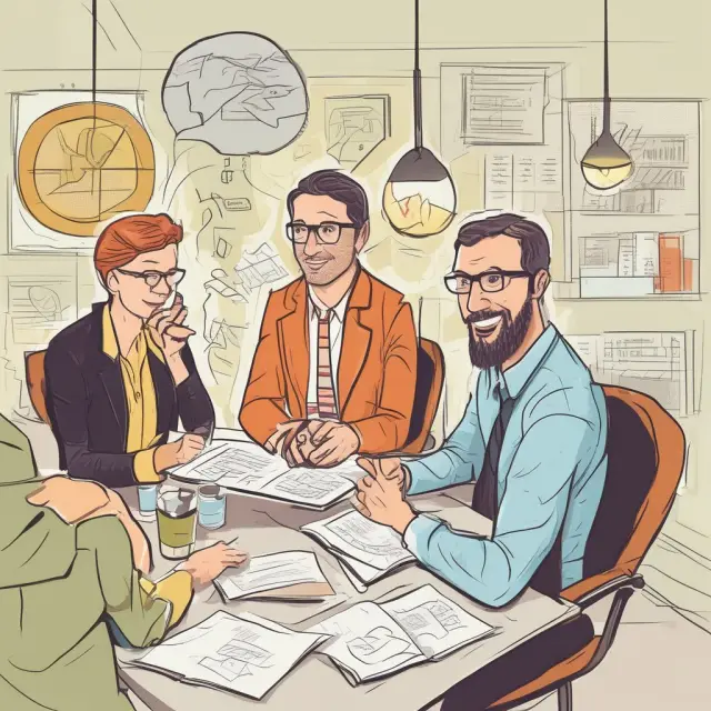 An intrapreneur surrounded by golden self-starters, brainstorming problem solvers, bold risk-takers, and a trend-predicting sage, symbolizing the power of employee initiative within an organization.